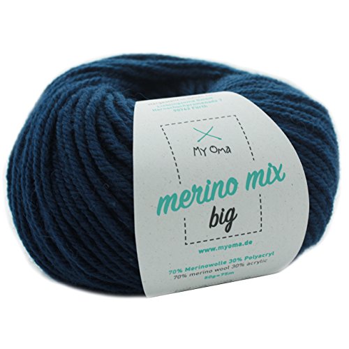 Winterwolle stricken - 1 Knäuel Merino Mix Wolle jeans (Fb 3850)- Merinowolle zum stricken von Mützen und Schals in blau - Merino Wolle - Strickgarn Merino - Nadelstärke 6-7mm - (79,00 €/kg) von MyOma