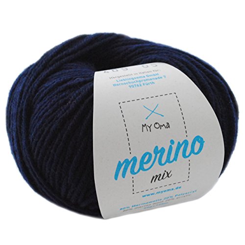 Wolle Merino Mix - 1 Knäuel Merinowolle Marine (Fb 409) - blaue Wolle Merino - Wolle Mischgarn + GRATIS MyOma Label - 50g/120m - MyOma Wolle - weiche Wolle - Merinogarn von MyOma