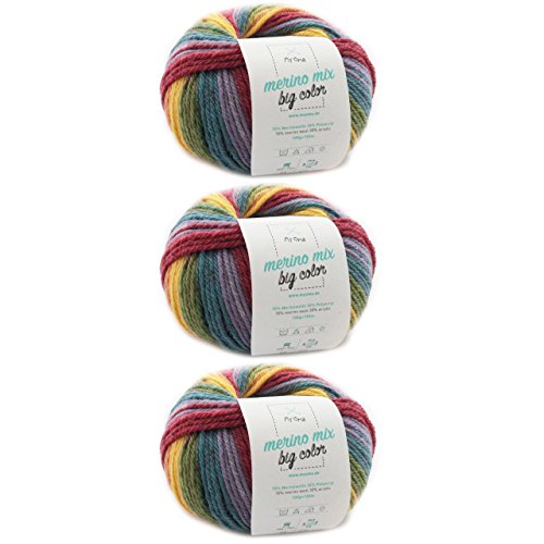 Wolle bunt Farbverlauf - 3 Knäuel Merino Mix big Color fantasy (Fb 5001) - Merinowolle bunt 100g/150 m + GRATIS Label - Effektwolle Nadelstärke 6-7 mm - Regenbogen Wolle - 99,50€/kg von My Oma