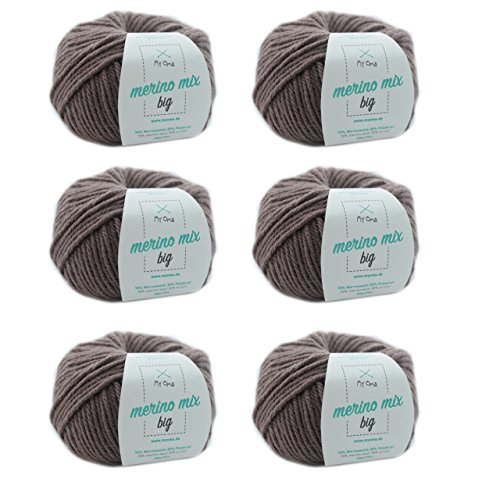 Wolle stricken - Merino Wolle taupe (Fb 3995) - 6 Knäuel braune Merinowolle zum Stricken - dicke Wolle + GRATIS MyOma Label - 50g/75m - Nadelstärke 6-7mm - MyOma Wolle - weiche Wolle von MyOma