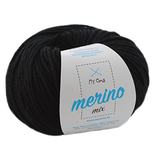 Wolle stricken - Merino Wolle schwarz (Fb 200) - 1 Knäuel schwarze Merinowolle zum Häkeln - Merinogarn + GRATIS MyOma Label - 50g/120m - MyOma Wolle - weiche Wolle - Mischgarn von MyOma