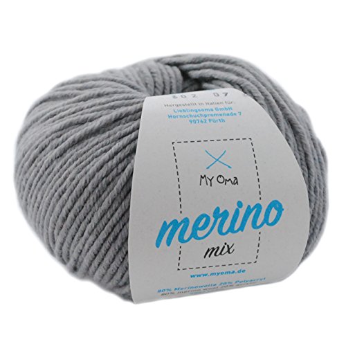 Wolle zum Häkeln - 1 Knäuel Merino Wolle Kiesel (Fb302) - hellgraue Wolle stricken - Merino Mix Wolle + GRATIS MyOma Label - 50g/120m - MyOma Wolle - weiche Wolle - Mischwolle stricken von MyOma