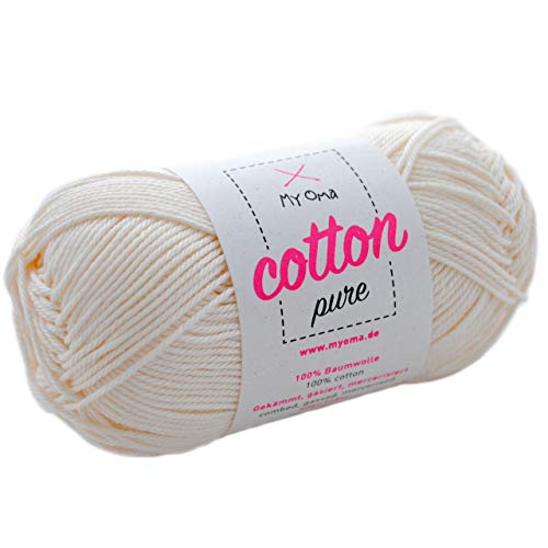 weiße Baumwolle stricken -MyOma Cotton pure perlmutt (Fb 0102)- Baumwollgarn zum Häkeln + GRATIS Anleitung - 1 Knäuel Baumwollgarn weiß/natur weiß Baumwolle - 50g/125m - Nadelstärke 2,5-3,5mm von MyOma