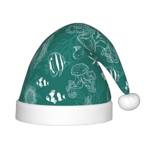 MyPiky Weihnachtsmütze mit Delfinen, Blumen, Seestern, Korallen, Muscheldruck, Weihnachtsmütze für Kinder und Jungen, Mädchen, Weihnachtsmann von MyPiky
