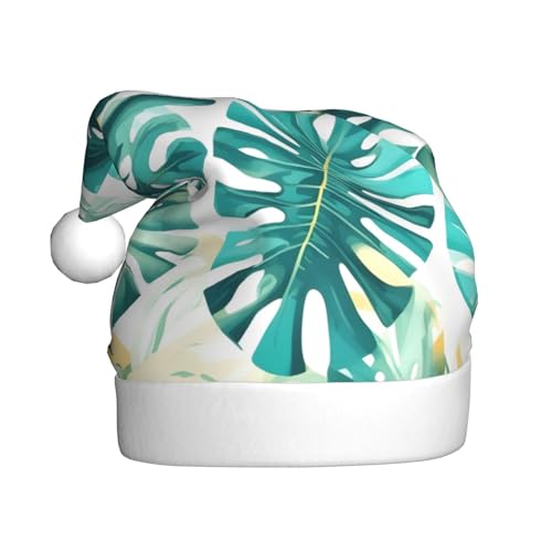 Nikolaushut aus Plüsch mit tropischen Blättern Print, Niedlicher Weihnachtsmannhut für Weihnachtsfeier, Uni für Erwachsene, Tropische Strandpflanzen Thema, 1 von MyPiky