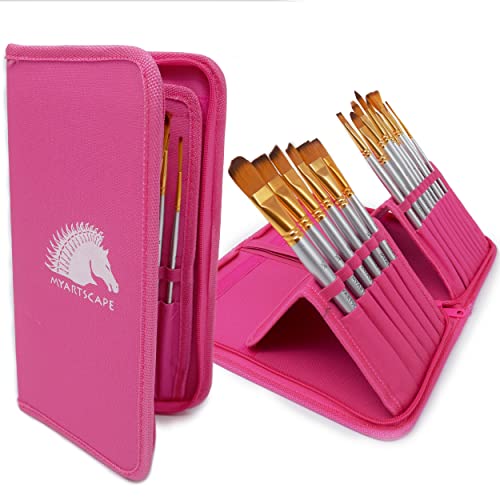 Pinsel – 15 PC Art Pinsel-Set für Aquarell-, Acryl-, Öl- & Gesichtsmalerei, | kurzer Griff, für Künstler Tuschkasten, mit Reise- & Halterung, Gratis Geschenk-Box, 15-teiliges Set hot pink von Myartscape