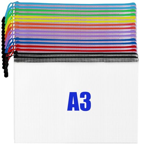 Kunststoff-Ordner A3 mit Reißverschluss, 16 Stück, Netzstoff, Dokumentenmappe, Reißverschluss, extra dick, für Zuhause, Schule, Büro, Zubehör, 8 Farben von Myblingqsa