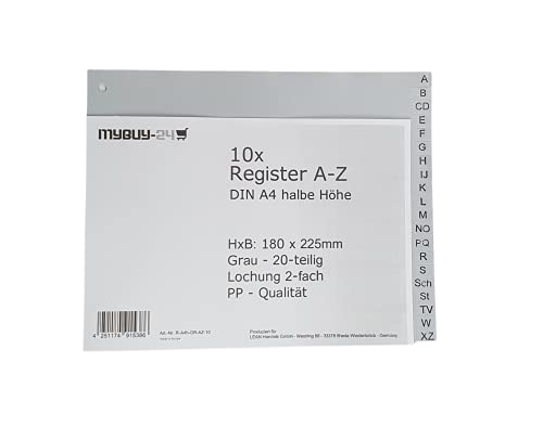 10x mybuy-24 Register A4 A-Z halbe Höhe, 20-teilig, Universallochung PP Kunststoff grau 180 x 225mm Trennblätter Buchstaben 10er Sparpack 10x mybuy-24 Register A4 A-Z halbe Höhe, 20-teilig, Universallochung PP Kunststoff grau 180 x 225mm Trennblätter Buchstaben 10er Sparpack von Mybuy24