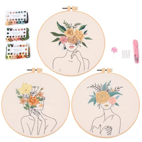 3 Sets von vollständiger Reihe von Anfänger-Stickerei-Kits, DIY Handstickerei Starter, Frauen und Blumen-Muster, Nadel, Reifen und Anleitung (evtl. nicht in deutscher Sprache). von Myfelicity