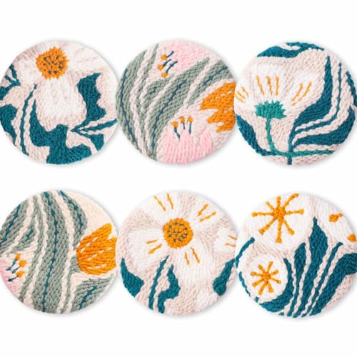 Myfelicity Blumenmuster, 6-teiliges Set, DIY Stanznadel-Stickset für Tassen-Untersetzer, enthält Poke-Tuch, Garn, Nadel, Abstandshalter, Anleitung & Video-Tutorial (floral02) von Myfelicity