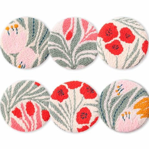 Myfelicity Blumenmuster, 6-teiliges Set, DIY Stanznadel-Stickset für Tassen-Untersetzer, enthält Poke-Tuch, Garn, Nadel, Abstandshalter, Anleitung & Video-Tutorial (floral03) von Myfelicity