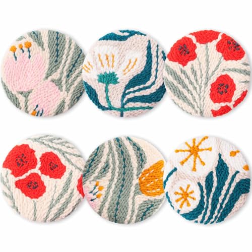 Myfelicity Blumenmuster, 6-teiliges Set, DIY Stanznadel-Stickset für Tassen-Untersetzer, enthält Poke-Tuch, Garn, Nadel, Abstandshalter, Anleitung & Video-Tutorial (floral04) von Myfelicity
