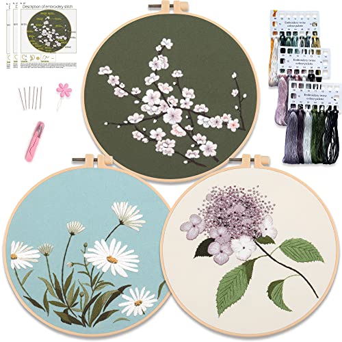 Myfelicity Stickset, 3 Blumenmuster-Sets, enthält 3 gemusterte Sticktücher, 3 Fäden, 3 Papieranleitungen, 6 Nadeln und 1 Reifen von Myfelicity