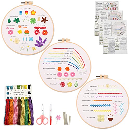 Myfilicity Stickerei-Übungs-Set für Anfänger, 3 Stickerei-Starter-Kits, lernen Sie 30 verschiedene Nähtechniken für Bastel-Enthusiasten, um Stoff von Hand zu nähen und Stickfähigkeiten zu erlernen von Myfelicity