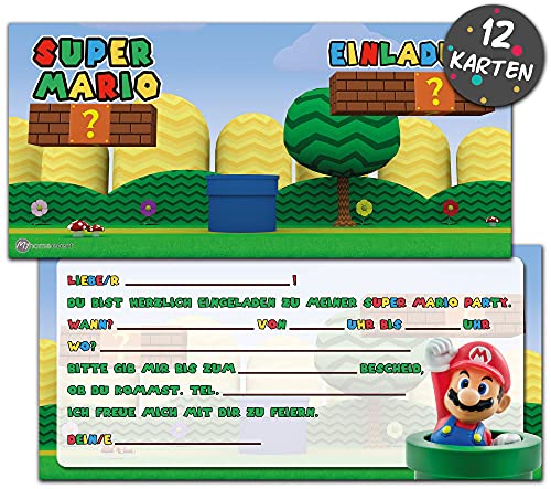 Myhomeevent Super Mario Einladungskarten Kindergeburtstag | 12 Geburtstagseinladungen | Kindergeburtstag Einladungskarten für Jungen & Mädchen |Mottoparty von Myhomeevent