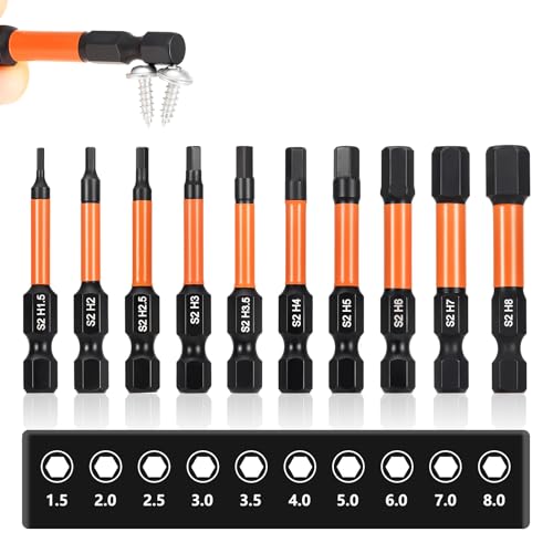 Mynoozi 10PCS Innensechskant-Bohrer Set,S2 Stahl metrisch Innensechskant-Bohrer,H1.5mm-H8mm Magnetische Bits Set 50mm Länge von Mynoozi
