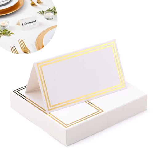 Mynoozi 50PCS Tisch Tischkarten, Hochzeit Name Karten Tischkarten mit doppeltem Goldrand, Papier gezeltet für Tabelle Einstellung Hochzeit Geburtstag Abendessen Party (weiß) von Mynoozi