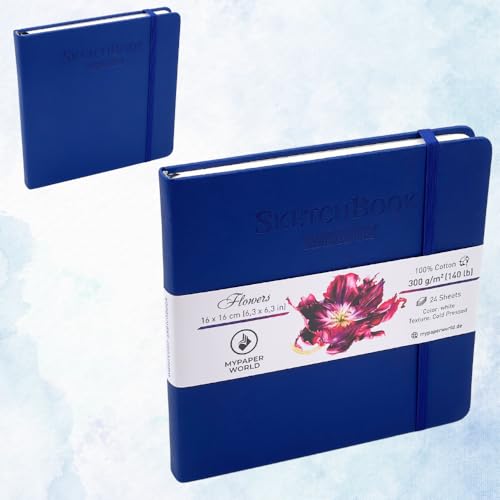 Mypaperworld quadratisch Aquarell Skizzenbuch 300 g/m² 100% Baumwolle, Aquarellpapier, 16x16cm säurefrei, 24 Blatt, 48 Seiten Kalt Gepresst- - Dunkel Blau von Mypaperworld