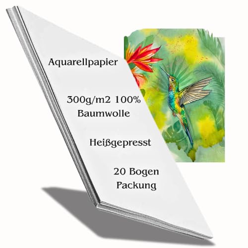 Mypaperworld Aquarellpapier 300g/m2 100% Baumwolle - Aquarellbogen 19,5 cm х 27 cm, 20 Blätter Packung, säurefrei Feinkorn Heißpress, Malpapier Zeichenpapier Weißpapier von Mypaperworld