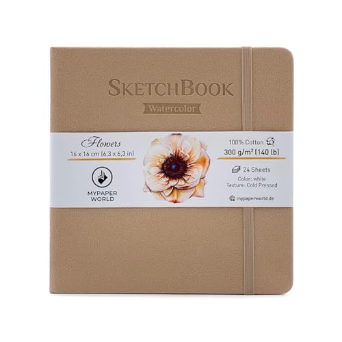 Mypaperworld quadratisch Aquarell Skizzenbuch 300 g/m² 100% Baumwolle, Aquarellpapier, 16x16cm säurefrei, 24 Blatt, 48 Seiten Kalt Gepresst- Beige von Mypaperworld