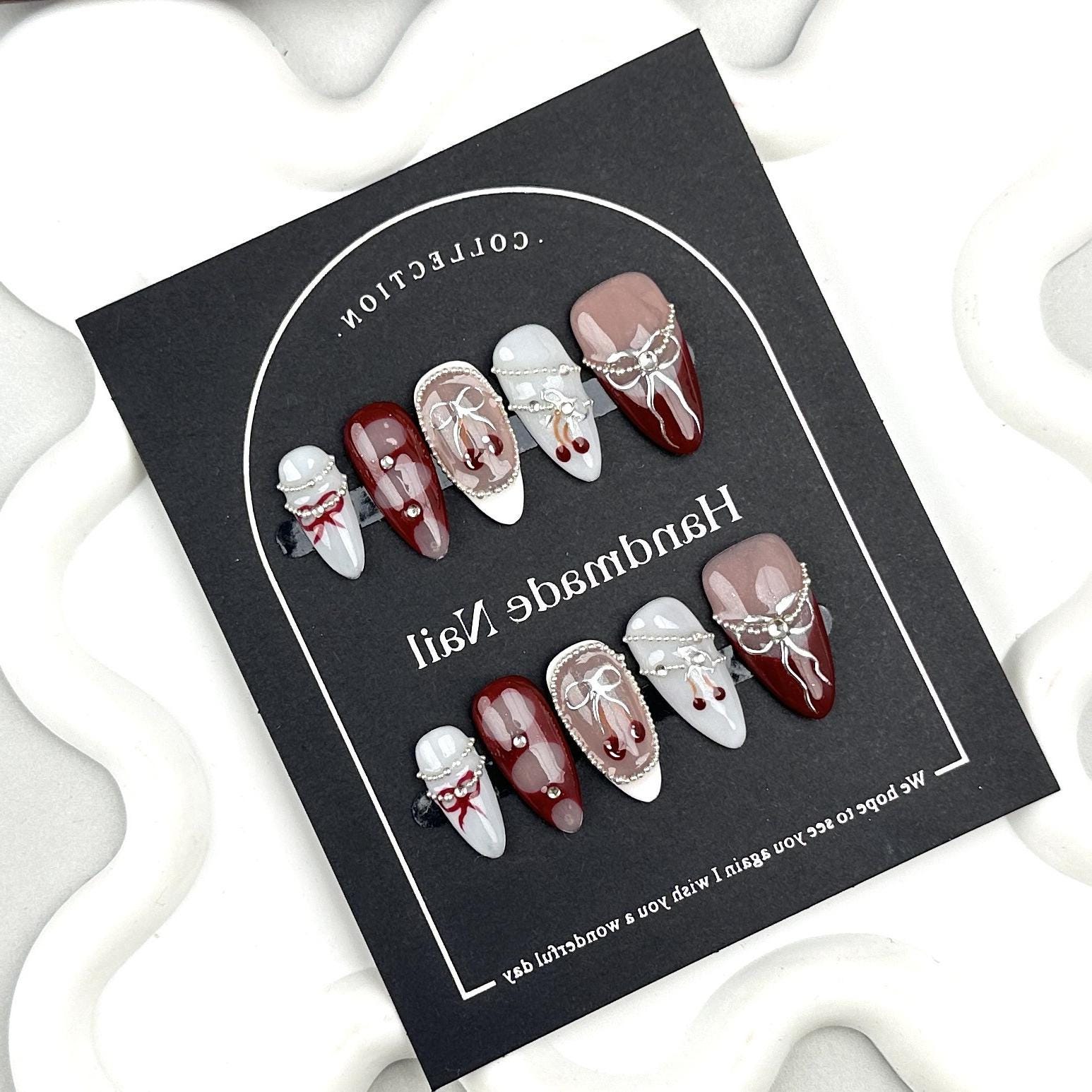 Bow Tie Cherry Hand Made Press On Nails, Gel Fake Cute Fun Coquette Premium Handmade Nail Designs, Gift For Her Bow Tie Cherry Hand Made Press On Nails, Gel Fake Cute Fun Coquette Premium Handmade Nail Designs, Gift For Her von MystCharms
