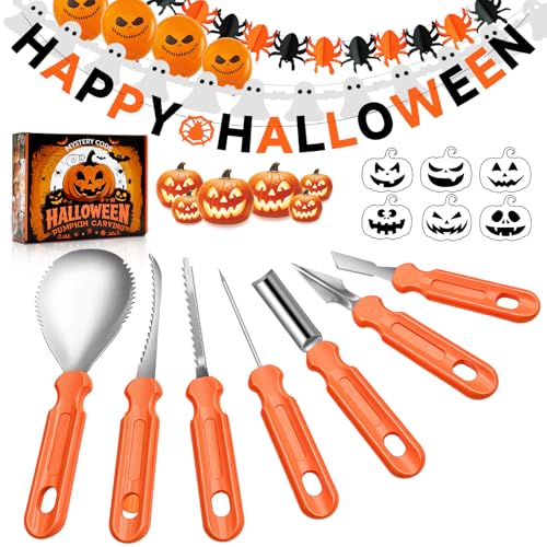 Halloween Kürbis Schnitzset, 24 Stück Kürbisschnitz Set mit Kürbis Schnitz Vorlagen Halloween Dekoration Banner&Luftballons, Edelstahl Pumpkin Schnitzwerkzeuge für Kinder und Famile Herbstdeko von Mystery Code