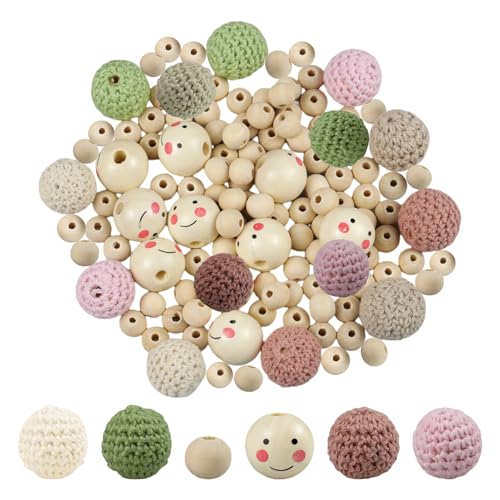 MytaYt 65 Pcs Häkelperlen Holzperlen zum Auffädeln Häkelperlen Mehrfarbig Gehäkelt Holzperlen mit Gesicht Natur Holzkugeln mit Loch für DIY Schmuck Halskette Armband (20mm und 10mm) von MytaYt