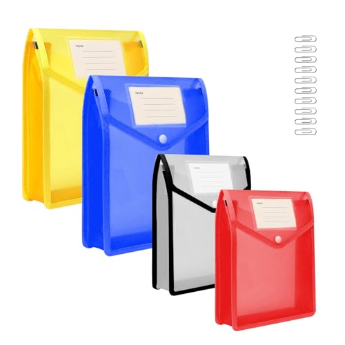 4 Stück Dokumententasche A5+10 Pcs Büroklammern, Dokumentenmappe mit Druckknopf Kunststoff Umschlag Mappe Wasserdicht Transparent Dokumententaschen für Schule Büro Dokument Reise von Mythosurge
