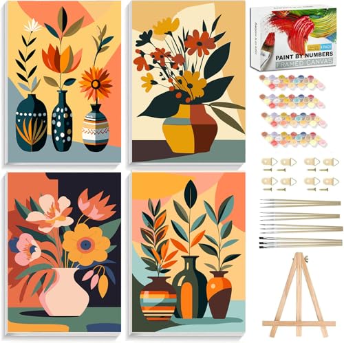 Malen nach Zahlen Erwachsene Blumen 4-teiliges Set mit Rahmen (20x30 cm) - DIY Blumenbilder in Geschenkbox, inkl. Acrylfarben & Pinseln - Elegante Wanddekoration für Wohnung von Myxekllo
