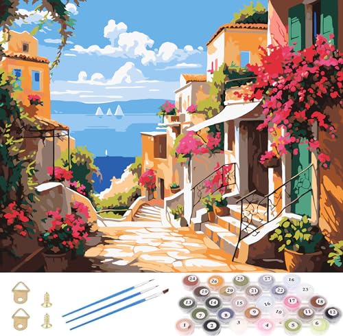 Malen nach Zahlen für Erwachsene, DIY Ölgemälde Leinwand mit 3 Pinseln & Acrylfarben, Mediterranes Stadtbild mit Blumen, Deko für Wohnung, Geburtstag, Weihnachten (Ohne Rahmen) von Myxekllo