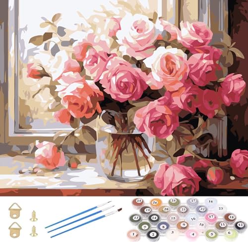 Malen nach Zahlen für Erwachsene, DIY Ölgemälde Leinwand mit 3 Pinseln & Acrylfarben, Rosa Blumen Stillleben Geschenk, Deko für Wohnung, Geburtstag, Weihnachten (Ohne Rahmen) von Myxekllo