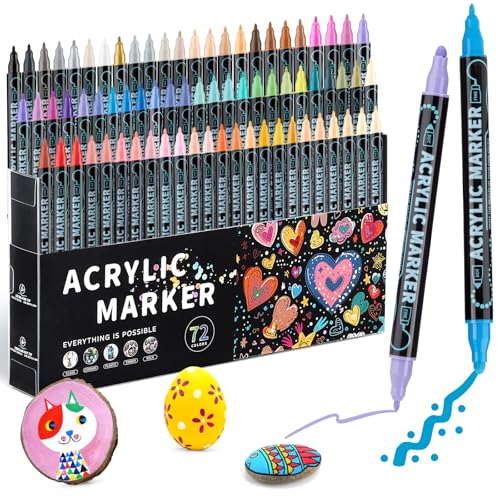 Mzh Art 72 Farben Dual Tip Acrylfarbe Stifte, Paint Pens Markers Double Tip Mit Doppelspitze für Holz, Steinmalerei, Glas, Leinwand, DIY Handwerk Kunstbedarf von Mzh Art