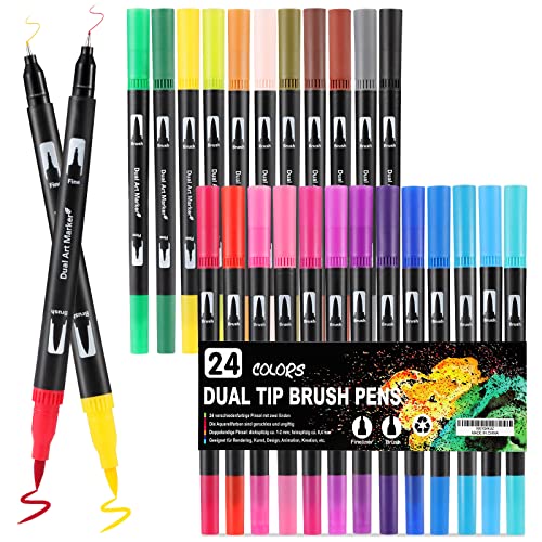 Mzh Art Dual Brush Pen Set 24 Farben Doppelfilzstifte, Malstifte für Kinder und Erwachsene, Faserschreiber und Fineliner Set für Aquarelle, Handlettering Mandala Kalligraphie Manga, 0.4 &1-2mm von Mzh Art
