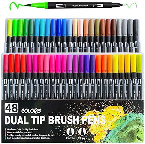 Dual Brush Pen Set 48 Farben Pinselstifte mit Zwei Spitzen Filzstifte Marker für Bullet Journal, Malbücher, Handlettering, Manga, Kalligraphie, Mandala, Skizzieren für Kinder und Erwachsene von Hirsrian