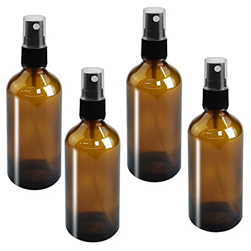 GIRAFEDA 4 Stück Sprühflasche Glas Sprayflasche 100ml Pumpsprühflasche Braunglas Zerstäuber Leere Zerstäuberflaschen Klein Wassersprühflasche für Reise Ätherische Parfümöle Flüssigkeitssprühgerät von GIRAFEDA