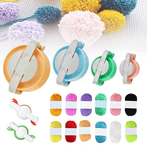 GIRAFEDA Pompom Maker Set 6 Größen Pompon Maker Selber Machen Pom Pom Basteln Wiederverwendbare Fluff Ball Weaver DIY Bommel Maker mit 12 Farben Strickgarn Puschel Bastelnfür Nadelhandwerk Dekoration von GIRAFEDA