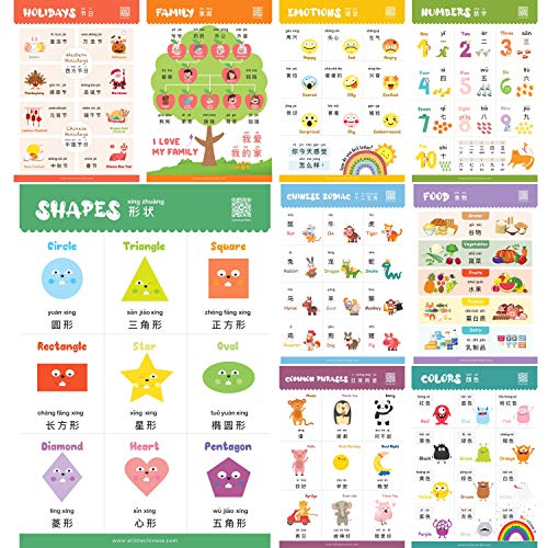 N/A Learn Chinese for Kids Poster-Set – Zweisprachig mit Englisch, vereinfachtem Chinesisch und Pinyin – für Kleinkinder und Vorschüler – Lernvideos enthalten von DAONEG