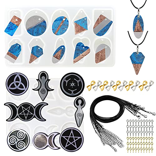 NA Allazone Gießform Resin Form, 2 Pack Geometrischer Anhänger Giessharz Formen Sonne Mond Stern Schmuck Silikonform mit Schwarzem Wachsseil, Anhängerschnalle für Die Schmuckherstellung von N\A