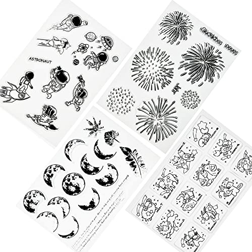 NA Yayatty 4 Blätter Clear Stempel Silikon Silikonstempel Clear Stamp, Vintage Silikon Stempel Set Feuerwerk Mond Astronauten Konstellation Clear Stamps für DIY Journal Scrapbooking von Buosha