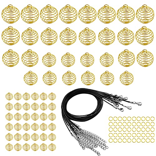 NA Woohome 60 Stück Versilbert Spiral Gold Spirale Perlen 4 Größe Spirale Käfig Perlen Charms mit 10 Stück Schwarzes Wachsseil, Sprungringe für Schmuckherstellung und Basteln von Woohome