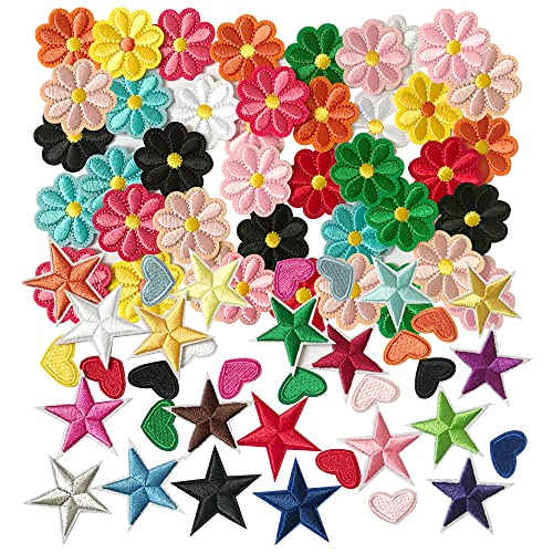 Woohome 80 Stück Patches zum Aufbügeln, Gemischt Flicken Patches Herzform Blumen Sterne Applikation für T-Shirt Jeans Taschen Kleidung von Woohome