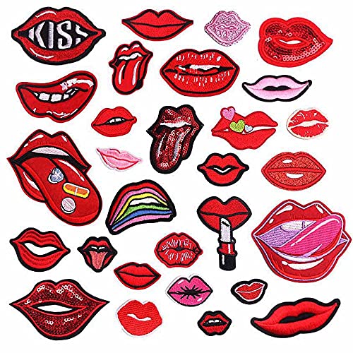 Woohome 29 Stück Flicken Patches, Mund Patches zum Aufbügeln Lippen Flicken zum Aufbügeln Patches für Kleidung Kleid Hosen Hüte Jeans, Nähen Blumen Applikation DIY Zubehör von Woohome