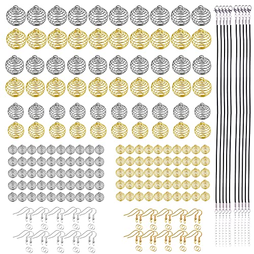 NA Woohome Versilbert Spiral Silber Spirale Perlen Spirale Käfig Perlen Charms mit Schwarzes Wachsseil, Sprungringe für Schmuckherstellung und Basteln (Gold und Silber) von Woohome