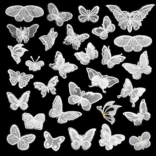 Yayatty 30 Stück Spitzenpatches, Schmetterling Stickpatches Organza Lace Appliques Nähen Sie Patches zum Reparieren und Dekorieren von Kleidung (Weiß) von N\A