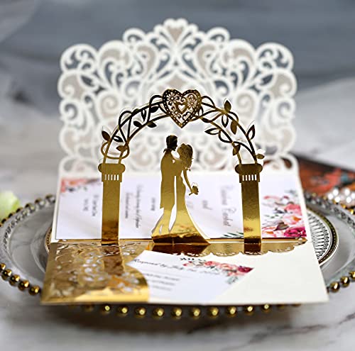3D-Pop-Up-Einladungskarten für Braut und Bräutigam, Weiß, lasergeschnitten, mit Blumenmuster, mit Umschlag und Innenpapier (Gold), 18 x 12,5 cm, 10 Sets von NC