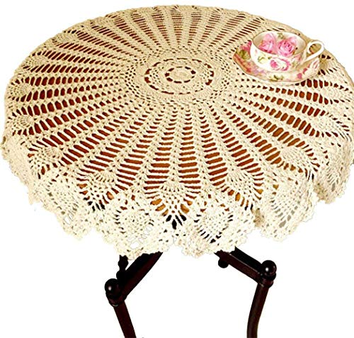 AMIPOS 90 cm Runde Vintage Beige Handgemachte Häkelspitze Deckchen Häkeltischdecke Baumwolle Tischabdeckung Tischdekoration Hochzeit Zuhause Party Dekor (Beige) von N\C