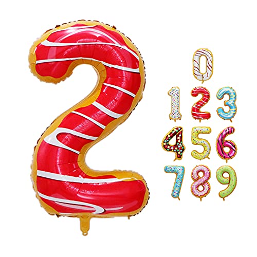 Luftballon Zahlen 2 Happy Birthday Party Deko, mit Donut Eis Motiv, Schweben mit Helium für Geburstagdeko Jubiläum, 40 Zoll 100cm aus Folie, Vivi Idee von Vivi Idee