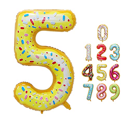 Luftballon Zahlen 5 Happy Birthday Party Deko, mit Donut Eis Motiv, Schweben mit Helium für Geburstagdeko Jubiläum, 40 Zoll 100cm aus Folie, Vivi Idee von Vivi Idee