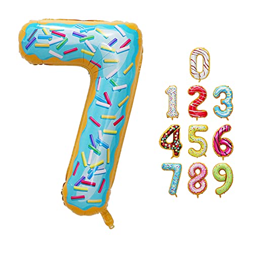 Luftballon Zahlen 7 Happy Birthday Party Deko, mit Donut Eis Motiv, Schweben mit Helium für Geburstagdeko Jubiläum, 40 Zoll 100cm aus Folie, Vivi Idee von Vivi Idee