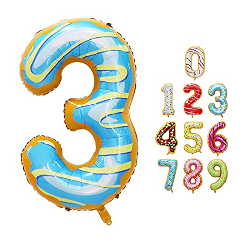 Luftballon Zahlen 3 Happy Birthday Party Deko, mit Donut Eis Motiv, Schweben mit Helium für Geburstagdeko Jubiläum, 40 Zoll 100cm aus Folie, Vivi Idee von Vivi Idee